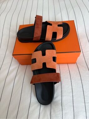 Hemes Chypre Suede Slide Sandals in Orange/ Tan with H Cut Straps Sz 39.5